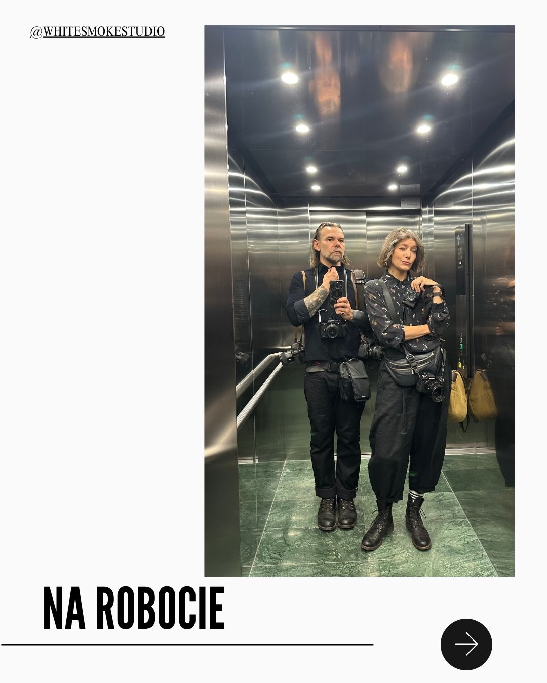Contact 1 Dorota Kaszuba and Michał Warda with their cameras, together in a lift