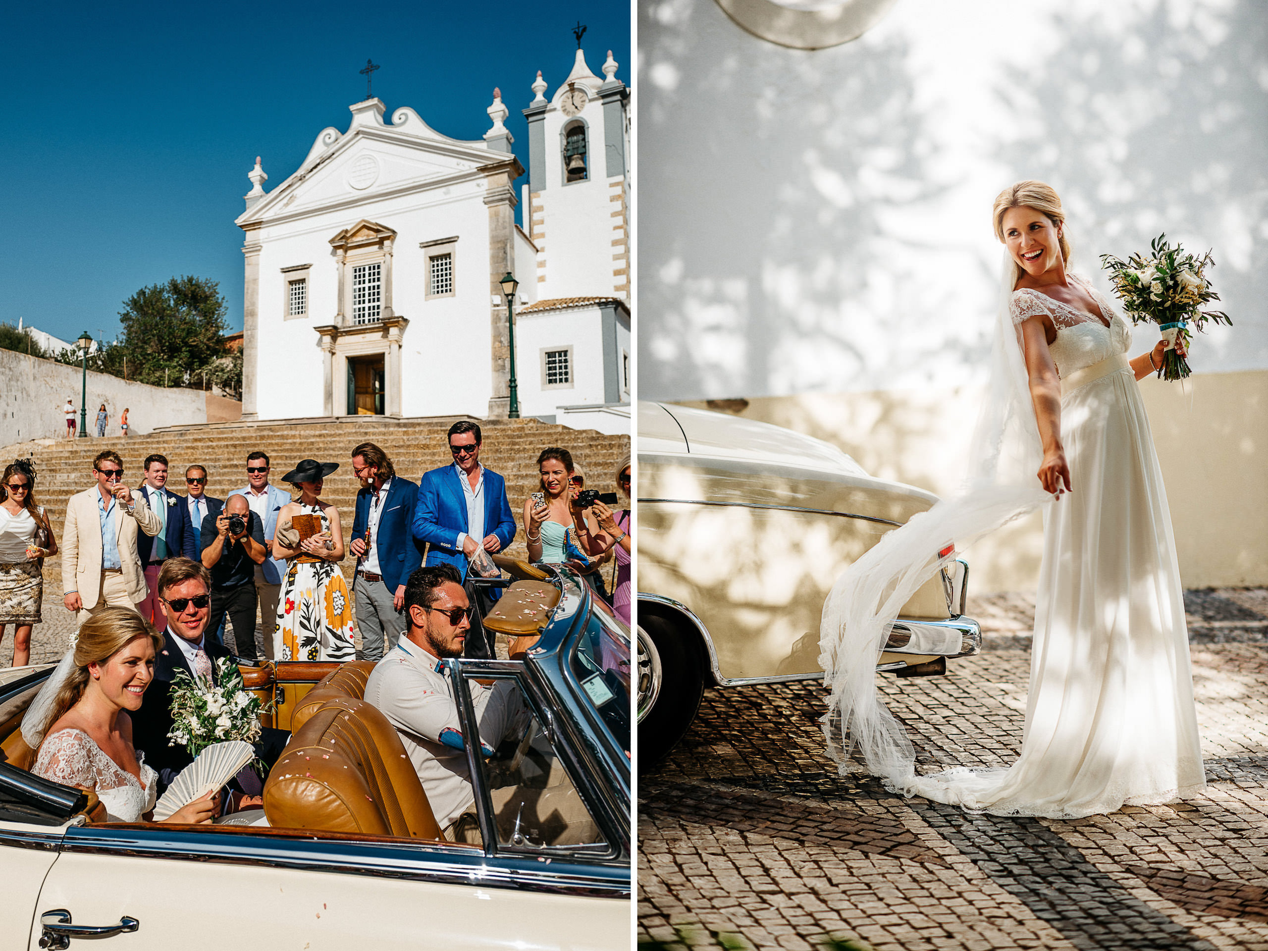 Wedding in Portugal | Caroline & Justin 76 Caroline and Justin leaving the church in an open-top car